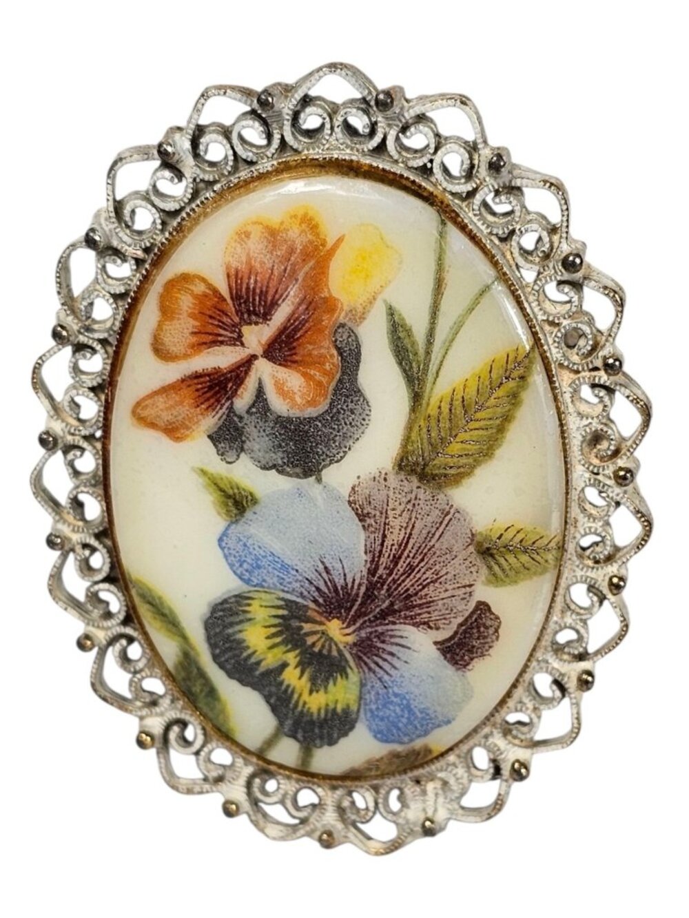 Floral Porcelain Cameo Brooch Pin Pansy Flowers in Gold Tone VTG